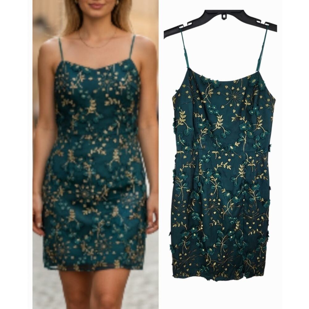MINUET Cocktail Dress Embroidered Floral Green Gold Event Garden Date SZ M